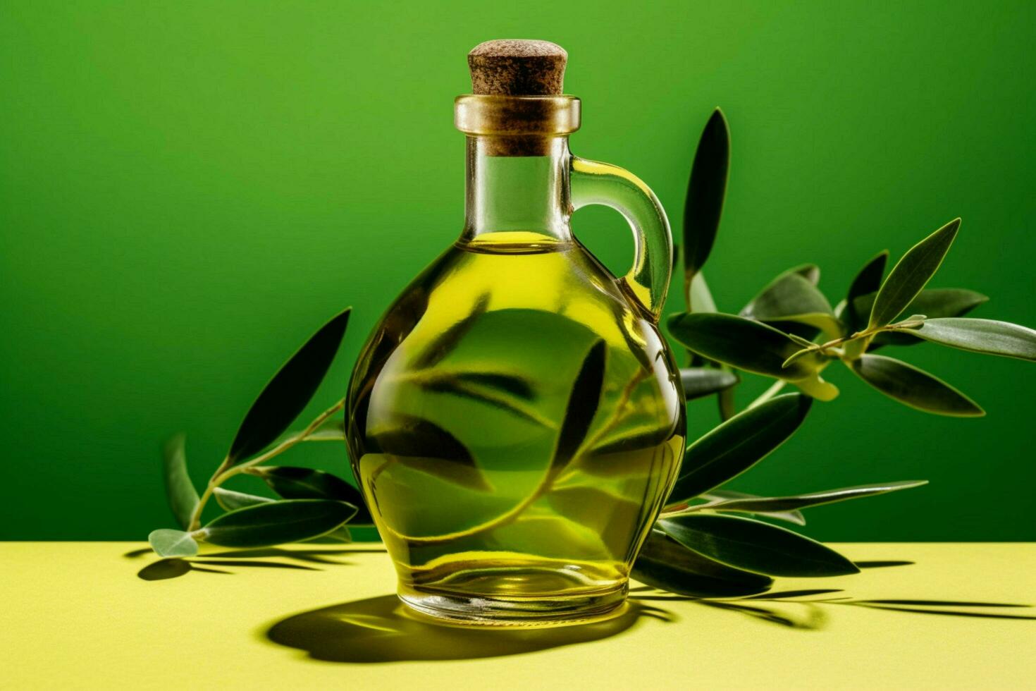 a bottle of olive oil with a green background free photo
